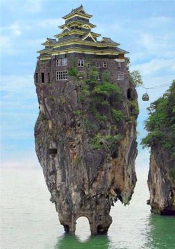 特色建筑 矗立在水中岩石上的奇特建筑