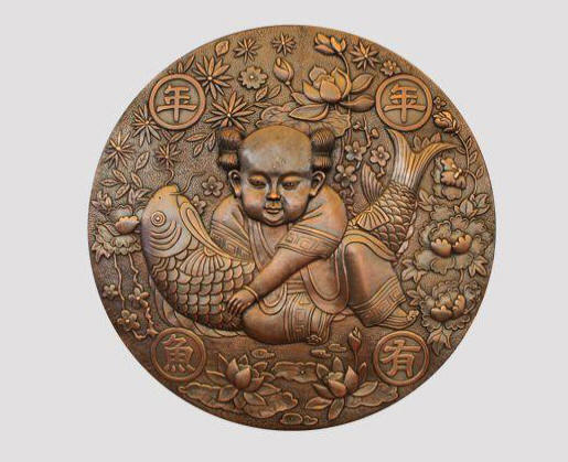 铜壁画厂家 艺术铜浮雕画 年年有余