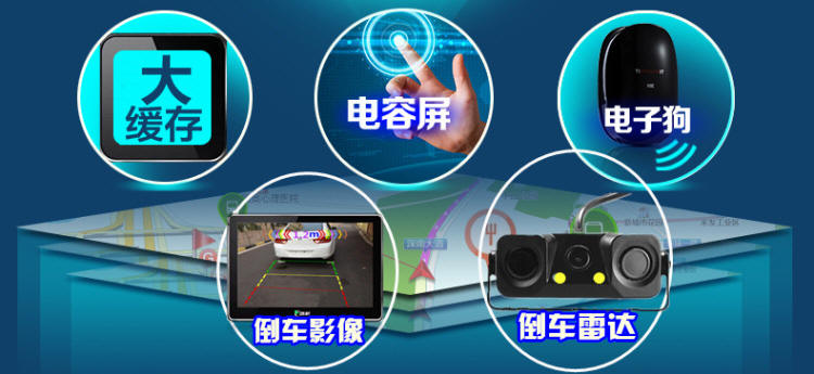 高精度地图导航、蓝牙电话、电子狗测速、高清晰汽车倒车影像、倒车雷达一体机设备系统